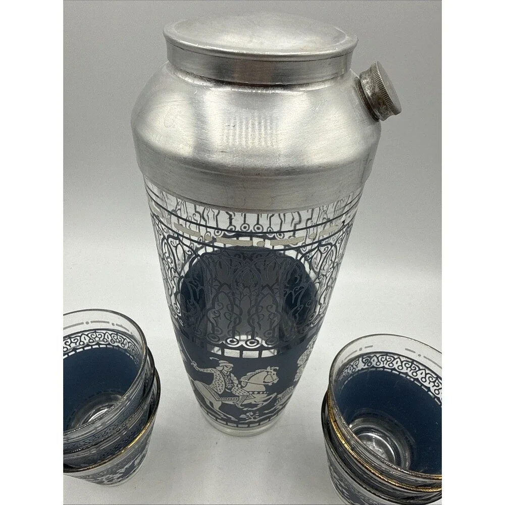 Vintage Hazel Atlas Arabian Knights Cocktail Shaker & 6 Glasses Blue Barware
